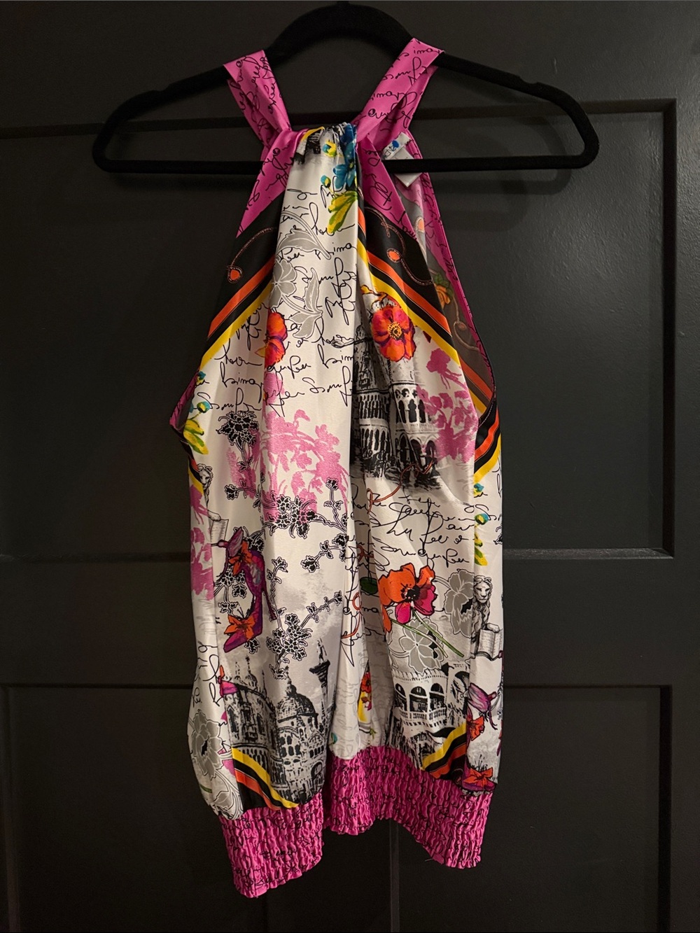 Cache Pink Floral Print Halter Tank Top with Graphic Motif